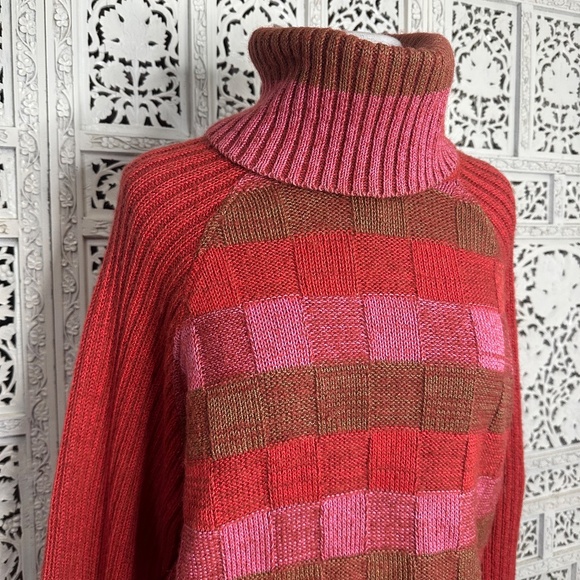 Vtg Marina Yachting Wool Blend Pink & Red Checkered Chunky Turtleneck Sweater - Picture 2 of 9